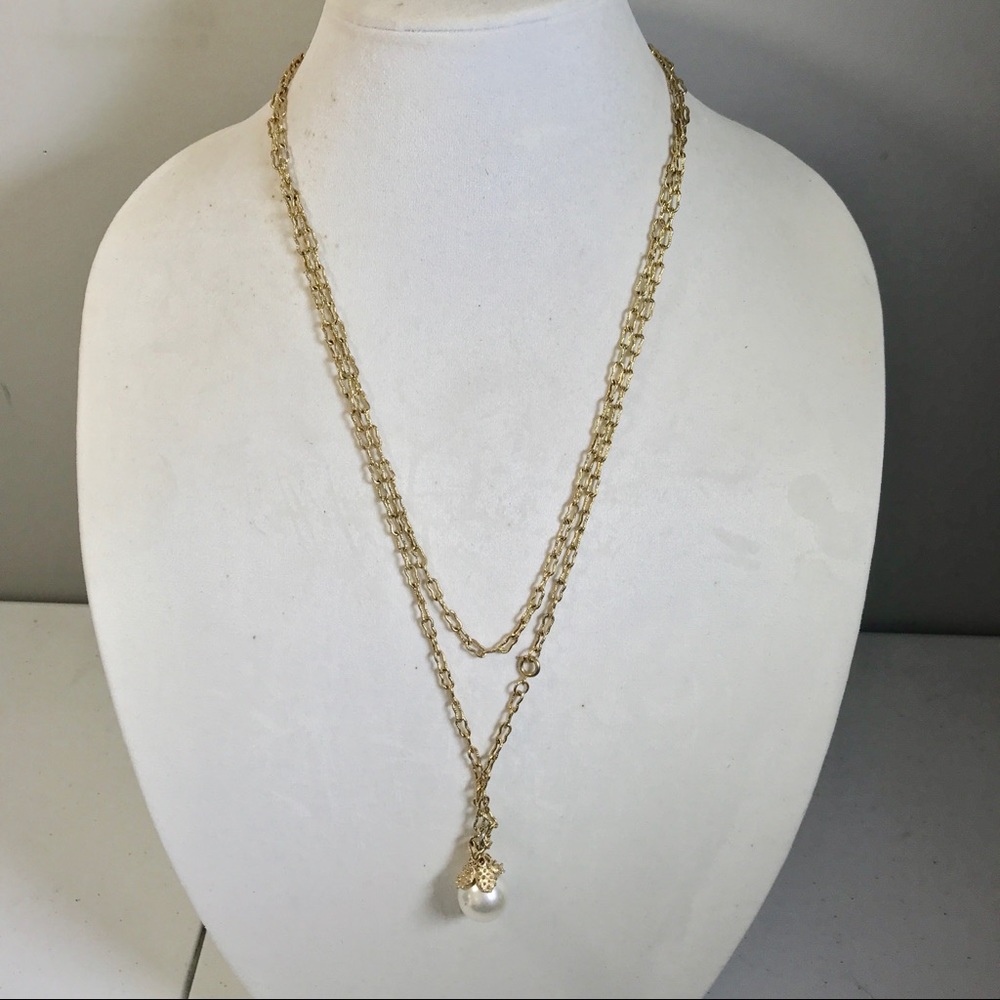 Gold tone 50” chain necklace w/ faux pearl accent